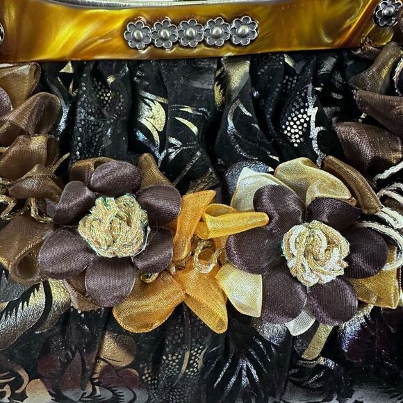 Vintage Velvet Fabric Dark Floral Evening Handbag Corsage Applique Chain Strap - Picture 3 of 9